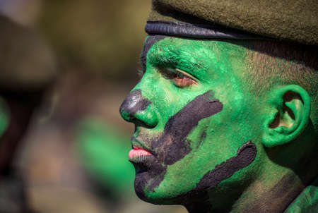 AraÃ§atuba, State of SÃ£o Paulo, Brazil, September 2019 - Brazilian soldiers in patriotic manifestation - cult of the colors of the Brazilian flag - Brazilian independence, green and yellow.のeditorial素材