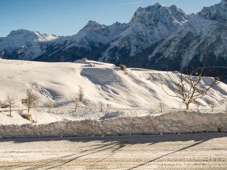 A bright morning in the mountains, Engadine, Switzerlandの写真素材