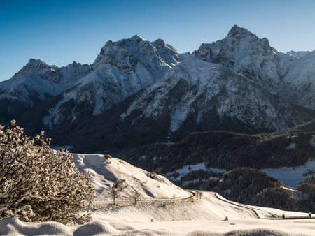 Majestic panorama of the Sesvenna mountain group, Engadine, Switzerlandの写真素材