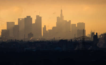Skyline of office buildings at sunrise in Frankfurt, Germanyの写真素材