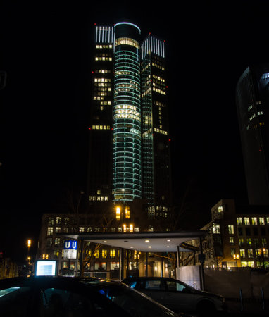 Illuminated business buildings in the center of Frankfurt, Germany, at night