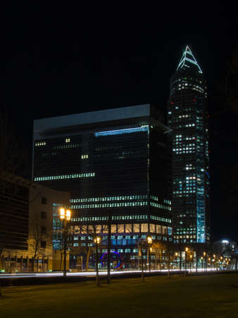 Trade fair tower, fair tower in Frankfurt, Germany, at nightの写真素材