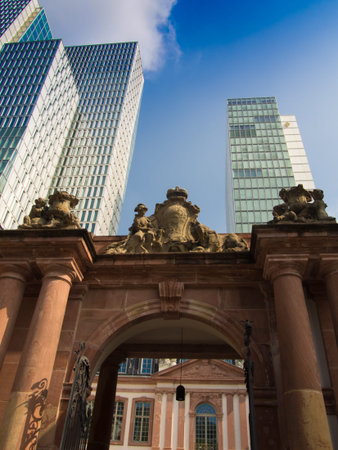 Skyscrapers and old architecture in Frankfurt, Germanyのeditorial素材