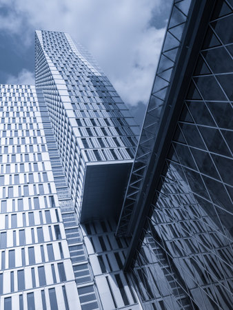 Facades of dynamic skyscrapers in Frankfurt, Germanyのeditorial素材