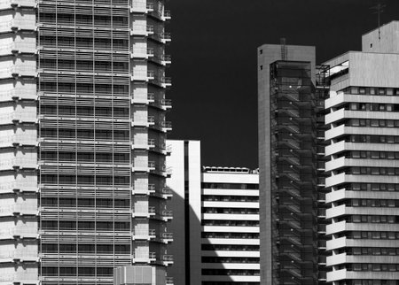 Facades of skyscrapers in the center of Frankfurt, Germany, black and white