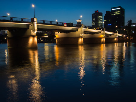 Skyline of Frankfurt, Germany, and the river Main at sunsetのeditorial素材