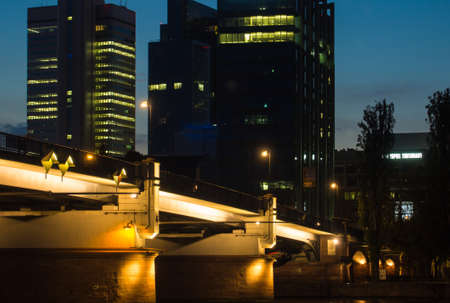 Skyline of Frankfurt, Germany, and the river Main at sunsetのeditorial素材