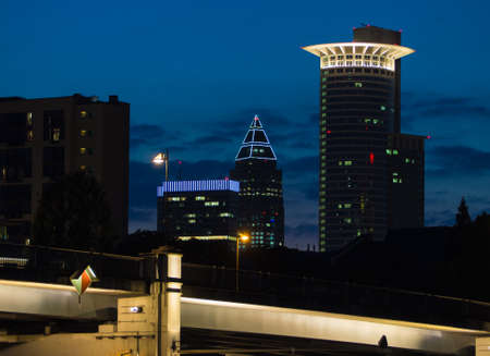 Business buildings in the evening in Frankfurt, Germanyの写真素材