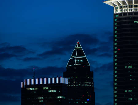 Business buildings in the evening in Frankfurt, Germanyの写真素材