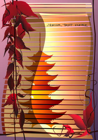 old bamboo jalousie with painted pagoda behind red leaf treeのイラスト素材