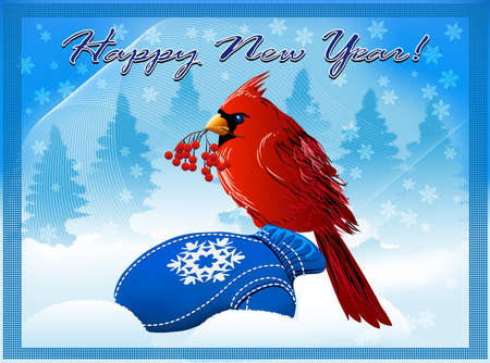 new year card with northern cardinal sitting on a blue mitten against winter forestのイラスト素材