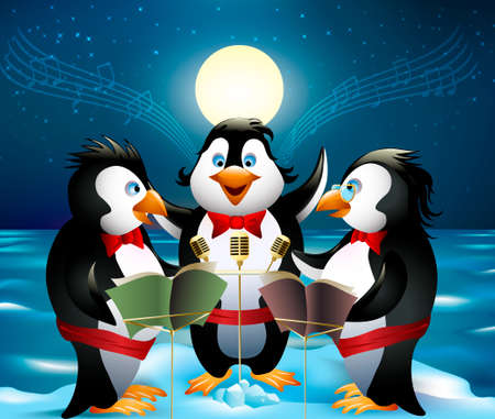 Three penguins stays on the top of iceberg and singing night song against full moon drawn in cartoon styleのイラスト素材