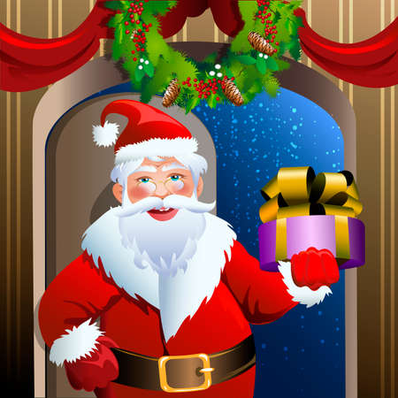 Illustration with smiling Santa Claus who comes into the house with a Christmas gift drawn in cartoon styleのイラスト素材