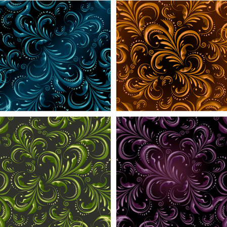 Set of floral seamless patterns drawn in fore different color variations. Each variation contains pattern and separated backgroundのイラスト素材