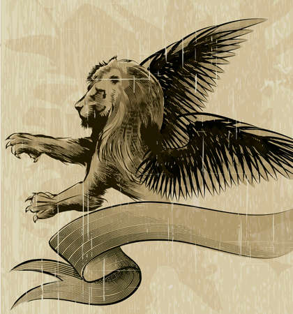 Illustration with winged lion and ribbon drawn in vintage ink styleのイラスト素材