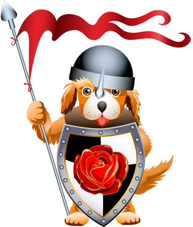 Funny illustration with little ginger doggy who stays on guard dressed  in knight clothes with huge shield and spear のイラスト素材