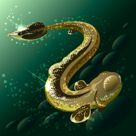 Illustration with  little	weever fish swimming above stone seabed against turning bubbles drawn in cartoon styleのイラスト素材