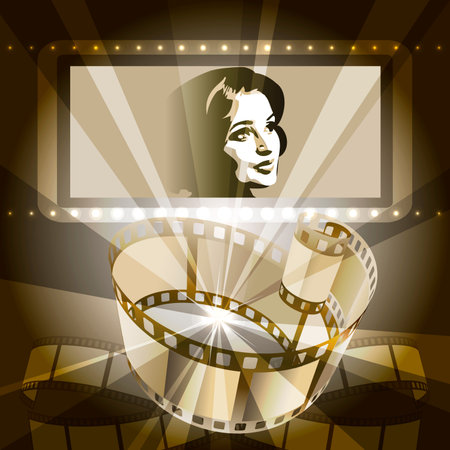 Illustration with celluloid and female face on the screen against rays of cinema projector drawn in vintage style using sepia color schemeのイラスト素材