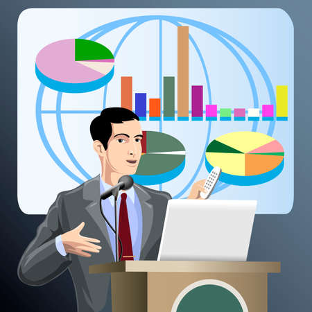 Illustration with discussing young man who presents new economic project  against visual screen with charts and schedulesのイラスト素材