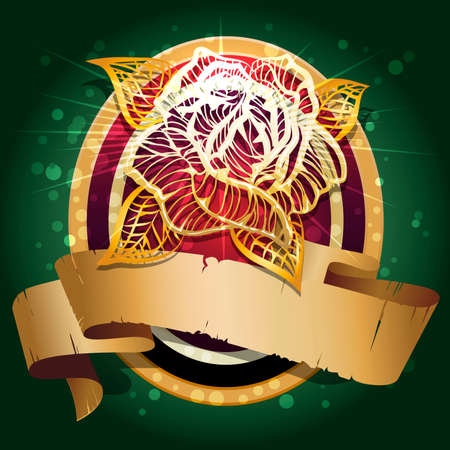 The shield with forged golden rose and banner for text against dark green background with bubbles  drawn in classic styleのイラスト素材