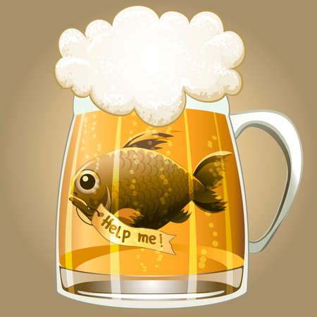 Funny illustration with a beer mug and fish inside crying for help drawn in cartoon style.のイラスト素材