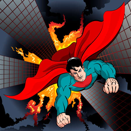 Illustration with superhero flying to fight with crime and protect the city drawn in comics styleのイラスト素材
