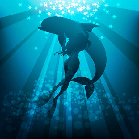 Illustration with longhaired young woman in flippers playing with dolphin against marine background のイラスト素材