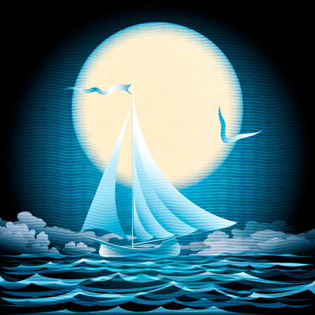 Illustration with sailboat floating against moon in the sky drawn in retro styleのイラスト素材
