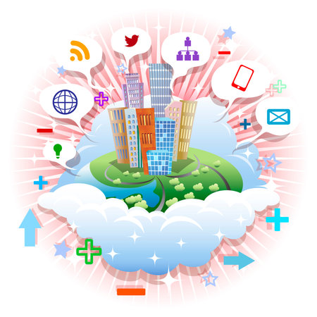 Abstract illustration with city and social media icon on a clouds floating in the air drawn in graphic icon styleのイラスト素材
