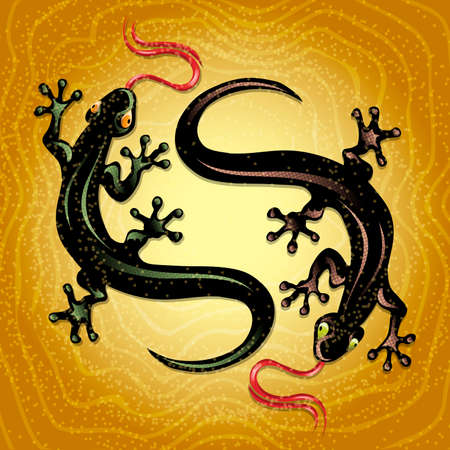Illustration with two lizards dancing on a top of the dune drawn in cartoon styleのイラスト素材