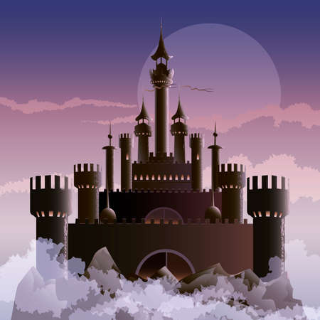 Illustration with dark castle on the mountain during foggy dawn hours drawn in fantasy styleのイラスト素材