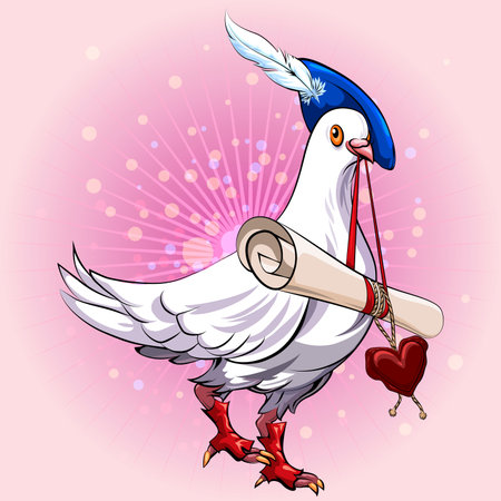 Illustration with pigeon in herald clothes bringing love message in his beak against festive bubbles backgroundのイラスト素材