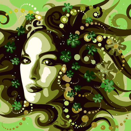 Illustration with woman face against floral abstract background as allegory of early spring natureのイラスト素材