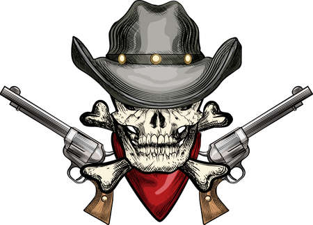 Illustration with skull in cowboy hat and  handkerchief against two revolvers drawn in tattoo sketch styleのイラスト素材