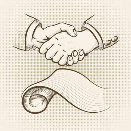 Illustration with handshake above signed agreement drawn in vintage styleのイラスト素材