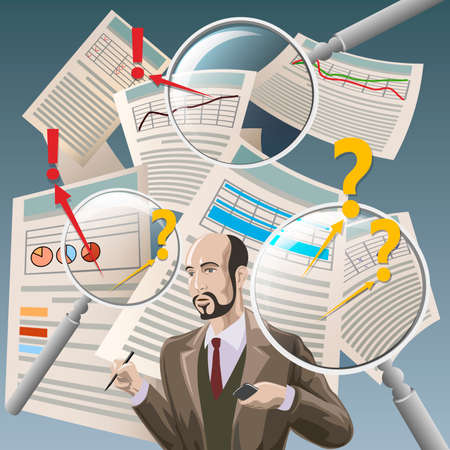 Illustration with auditor analyzing financial documents and three  magnifying glasses as metaphor of deep examinationのイラスト素材