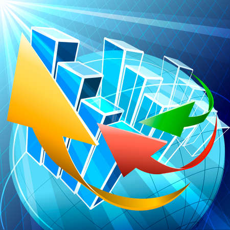 Illustration with arrows and charts over the globe flying in the space as allegory of current trends in global economyのイラスト素材