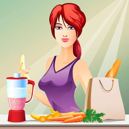 Illustration with young cute woman cooking healthy fruit cocktail drawn in cartoon styleのイラスト素材