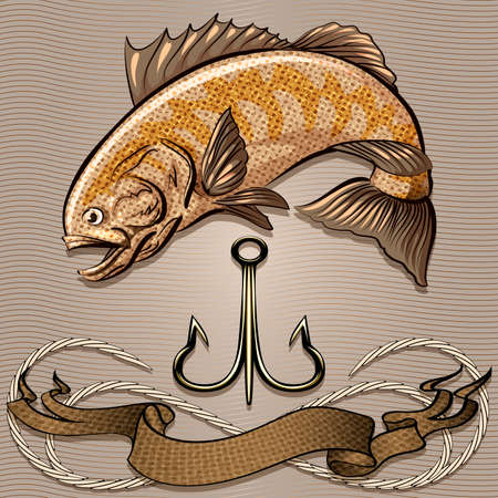 Illustration with huge fish and treble hook above the ribbon and rope against wavy pattern drawn in retro style with use sepia paletteのイラスト素材