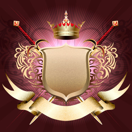 The shield with crown, two swords and banner against dark pink background drawn in classic styleのイラスト素材