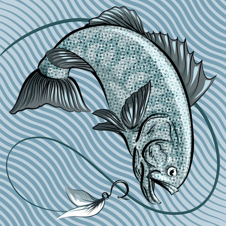 Illustration with big fish jumping out of the Water after a hook with feather bait against wavy...