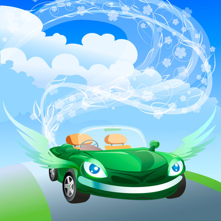 Illustration with winged environmentally friendly car against clear blue sky drawn in cartoon styleのイラスト素材