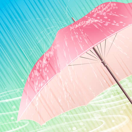 Illustration with open umbrella under spring heavy rain against festive light backgroundのイラスト素材