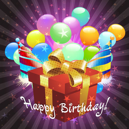 Illustration with large birthday gift and balloons against festive background drawn in cartoon styleのイラスト素材