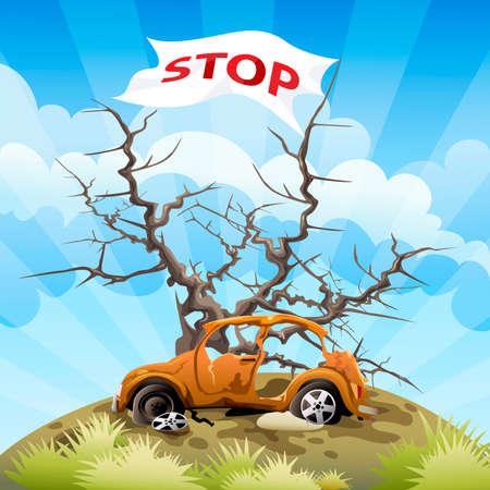 Illustration with the car on a dump in front of a tree without foliage and flag as appeal to stop environmental pollutionのイラスト素材