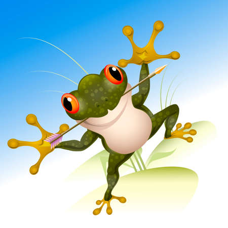 Funny illustration with frog with arrow in her mouth who waits for a beautiful prince drawn in cartoon styleのイラスト素材
