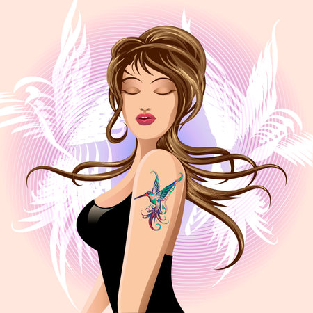 The young girl with humming bird tattoo on her shoulderのイラスト素材