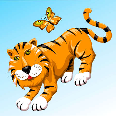 Funny illustration with tiger and flitting butterfly of a tiger coloring drawn in cartoon styleのイラスト素材