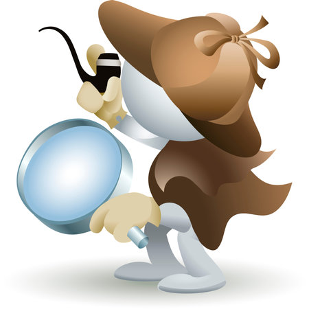 Illustration with simplified man in detective retro clothes who holds a magnifying  glass in his hand as allegory of computer file finders utilitiesのイラスト素材