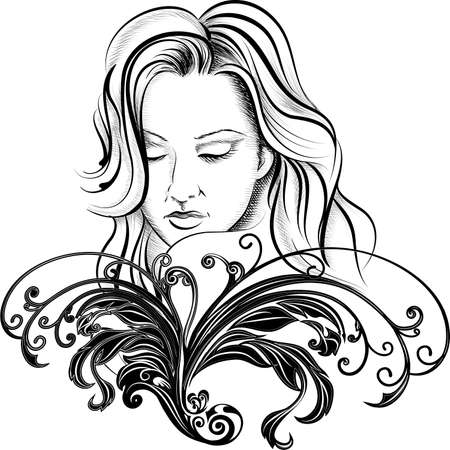 Illustration with young woman face behind floral swirls drawn in handmade ink style.のイラスト素材